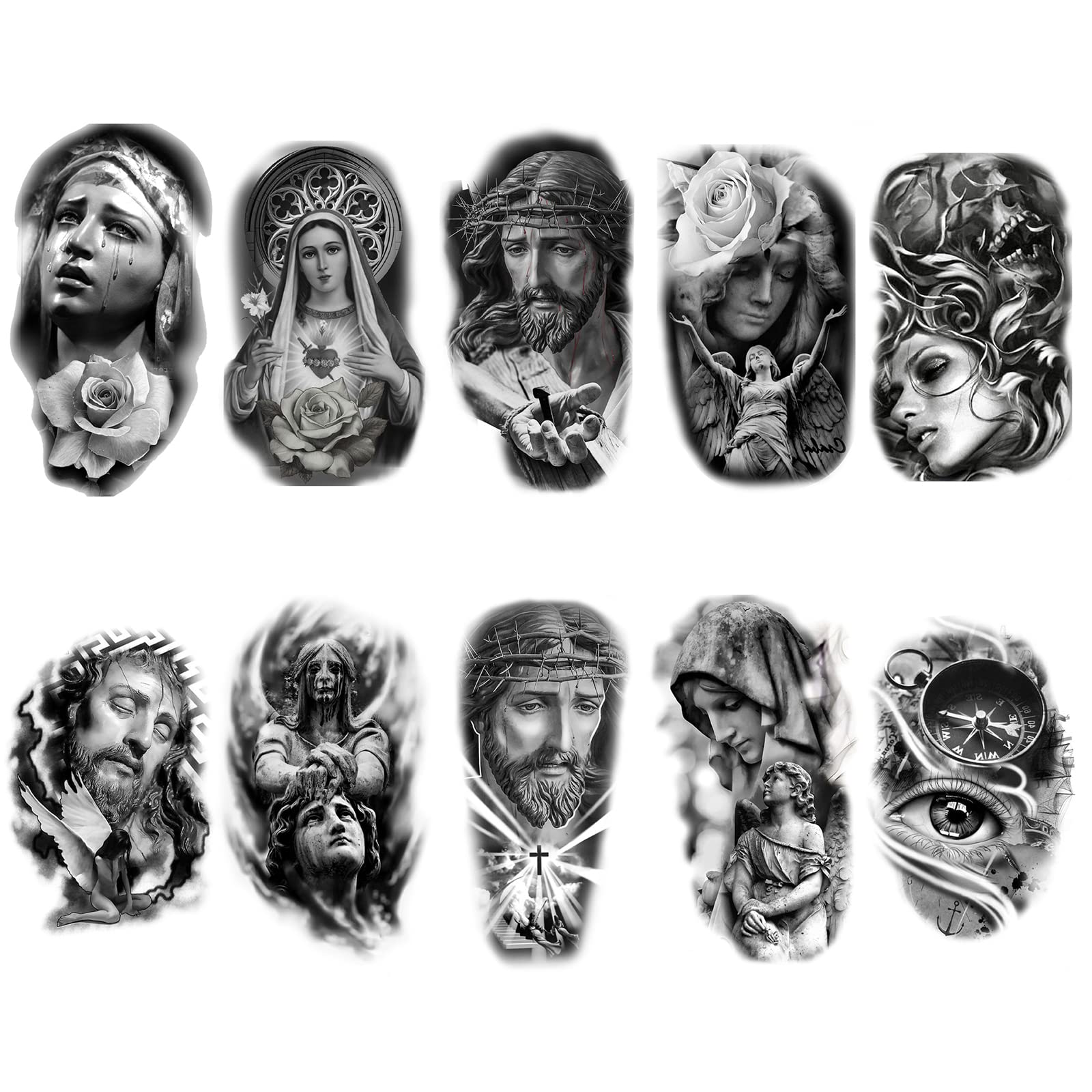 Roarhowl Temporary tattoo women men temporary tattoos Black Gray Large tattoo Jesus angel 3D realism Easter tattoo Tattoo Sleeves10 Sheets