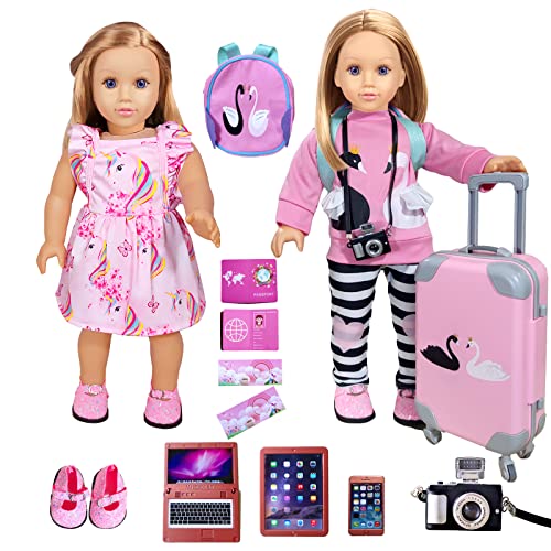 18 Inch Girl Doll Travel Suitcase Play Set Doll Clothes - Accessories Including Luggage Cute Backpack 2 Sets of Doll-Clothes- Shoes Camera Computer Phone Tablet Passport ARTST