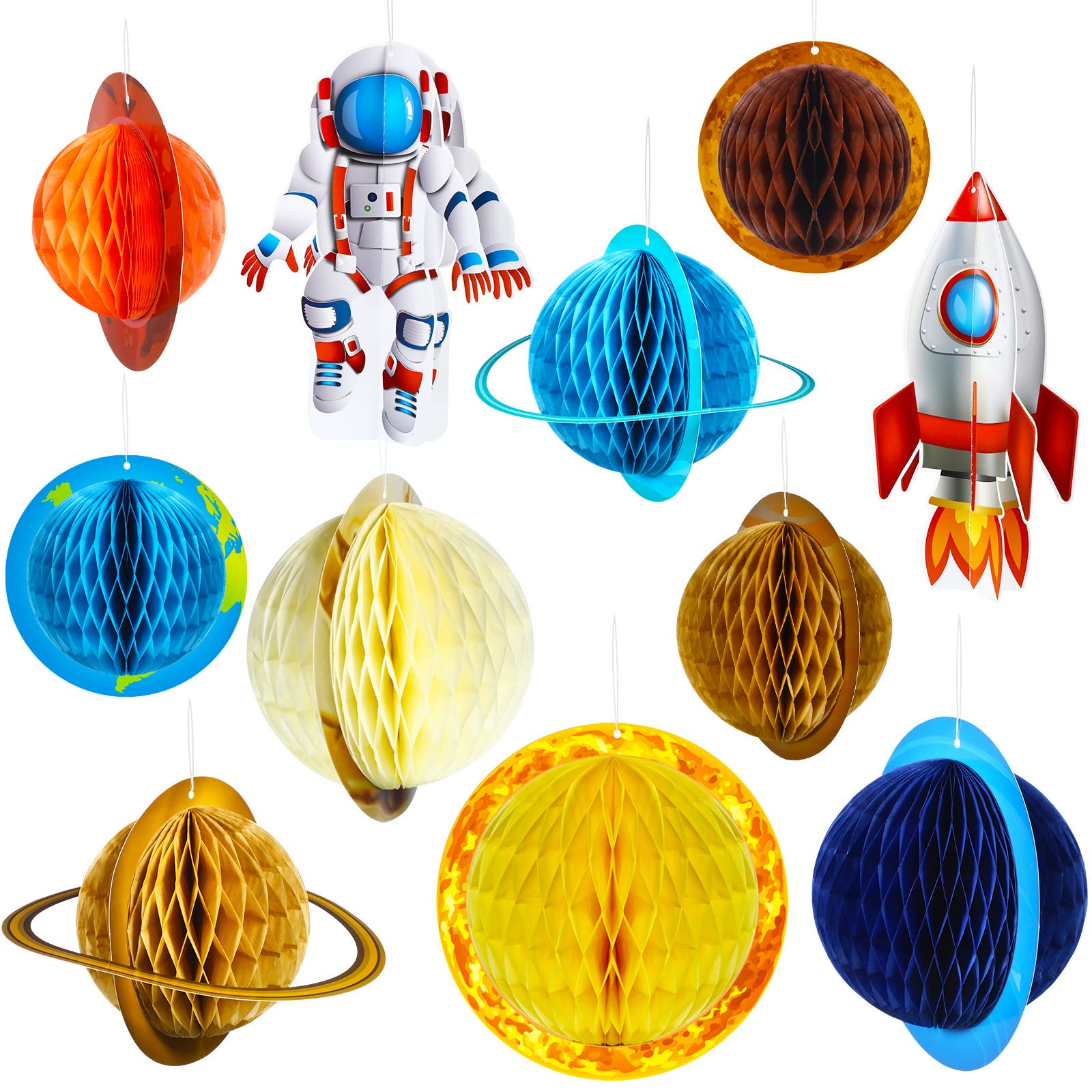 11 Pieces Outer Space Party Decorations Solar System Hanging Decorations Galaxy Planet Honeycomb Hanging Supplies 3D Rocket Astronaut for Kids Solar System Space Birthday Party Ceiling Ornaments Decor