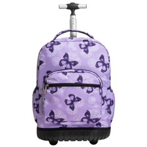 skymove 18 inches wheeled rolling backpack multi-compartment elementary books laptop roller bag short trip carry-on for women and girls, purple butterfly