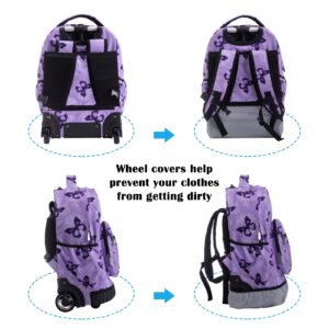 SKYMOVE 18 inches Wheeled Rolling Backpack Multi-Compartment Elementary Books Laptop Roller Bag Short Trip Carry-on for Women and Girls, Purple Butterfly