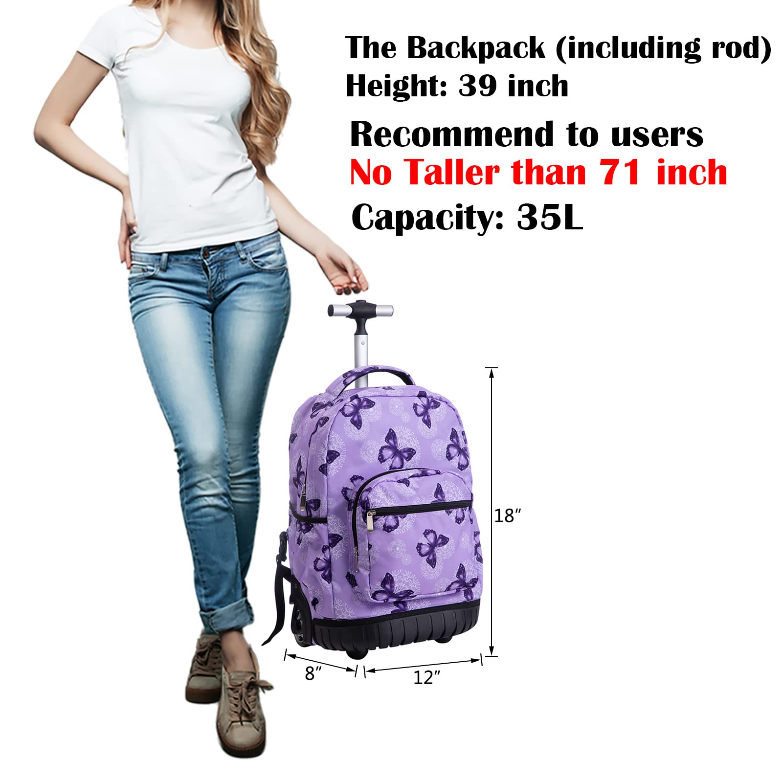 SKYMOVE 18 inches Wheeled Rolling Backpack Multi-Compartment Elementary Books Laptop Roller Bag Short Trip Carry-on for Women and Girls, Purple Butterfly