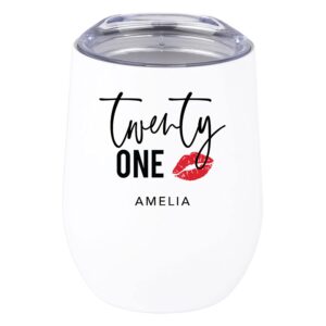 andaz press personalized 21st birthday wine tumbler with lid 12oz stemless stainless steel insulated twenty one custom name lips tumbler for wine champagne cocktails twenty one year old birthday gift
