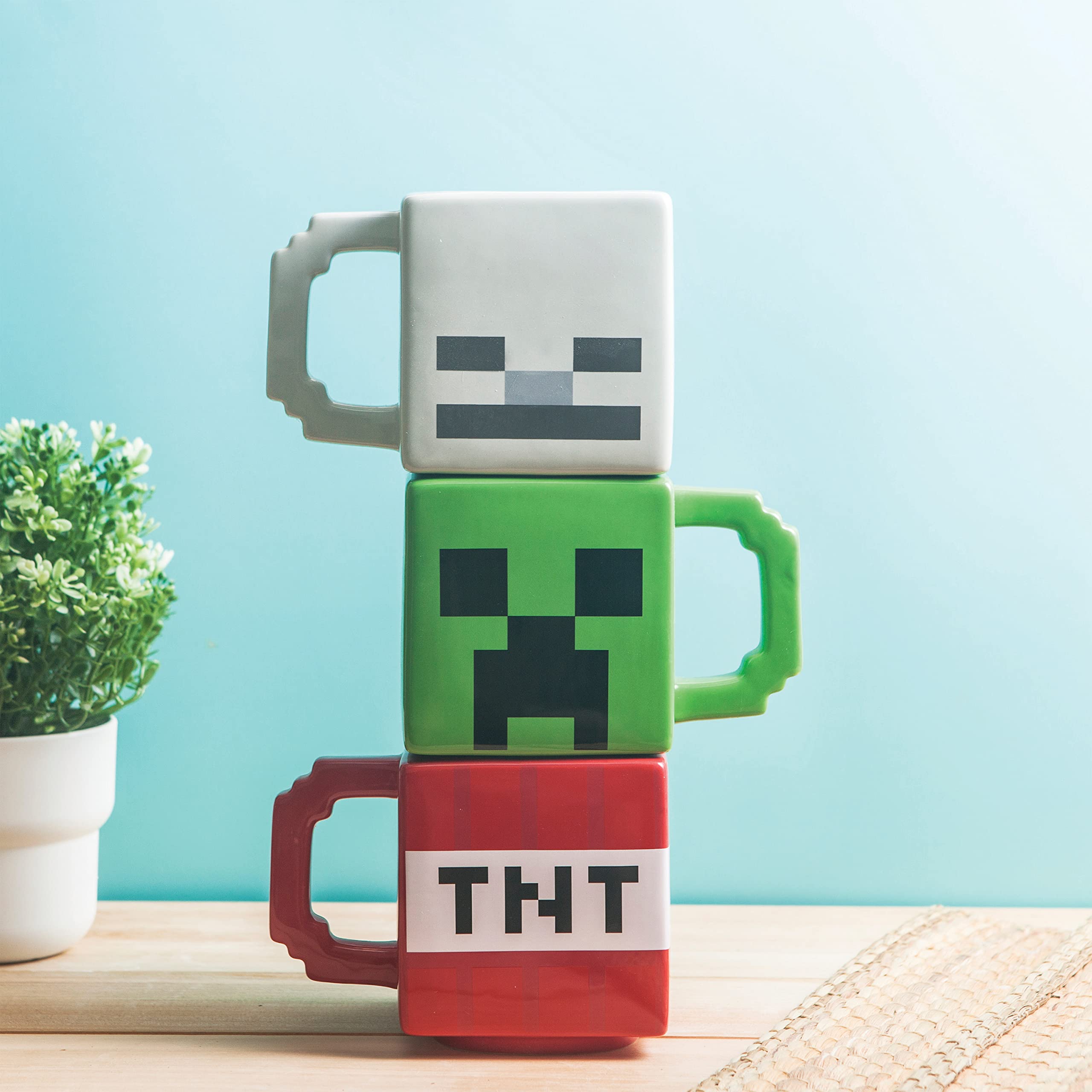 Zak Designs Minecraft Mug Unique 3D Sculpted Ceramic Coffee Cup 3 Piece Set, Collectible Keepsake Square Coffee Mugs (21oz, Creeper & Skeleton & TNT)