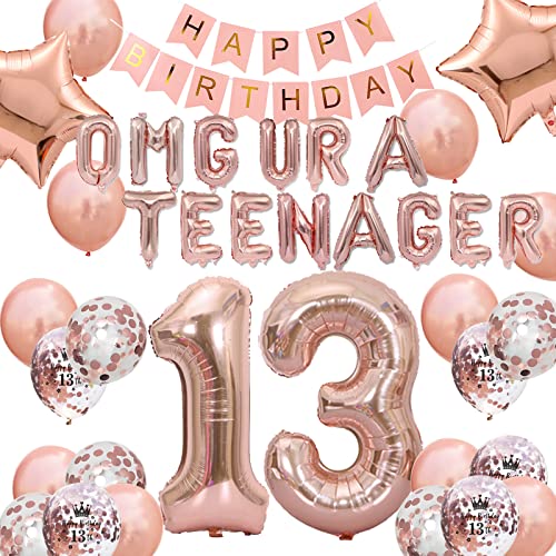 13th Birthday Decorations for Girl Rose Gold, OMG UR A Teenager Balloons Birthday Banner Number 13 Birthday Foil Balloons Confetti Balloons for 13 Years Old Birthday Girls