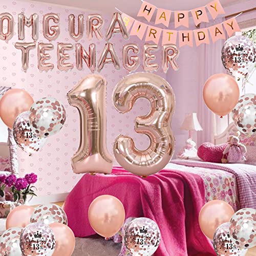 13th Birthday Decorations for Girl Rose Gold, OMG UR A Teenager Balloons Birthday Banner Number 13 Birthday Foil Balloons Confetti Balloons for 13 Years Old Birthday Girls