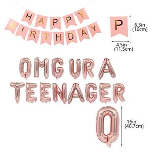 13th Birthday Decorations for Girl Rose Gold, OMG UR A Teenager Balloons Birthday Banner Number 13 Birthday Foil Balloons Confetti Balloons for 13 Years Old Birthday Girls