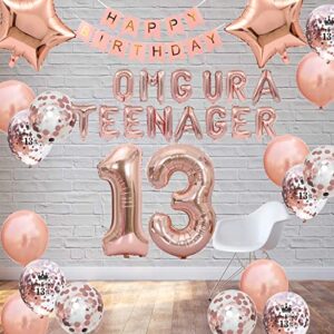 13th Birthday Decorations for Girl Rose Gold, OMG UR A Teenager Balloons Birthday Banner Number 13 Birthday Foil Balloons Confetti Balloons for 13 Years Old Birthday Girls