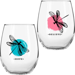 dragonfly gifts for women - stemless wine glass 2 pc set - 17 oz - spiritual dragon fly gifts decor for home or kitchen - wine tumbler cups for wine coffee tea dragonflies drinking cup mug glasses