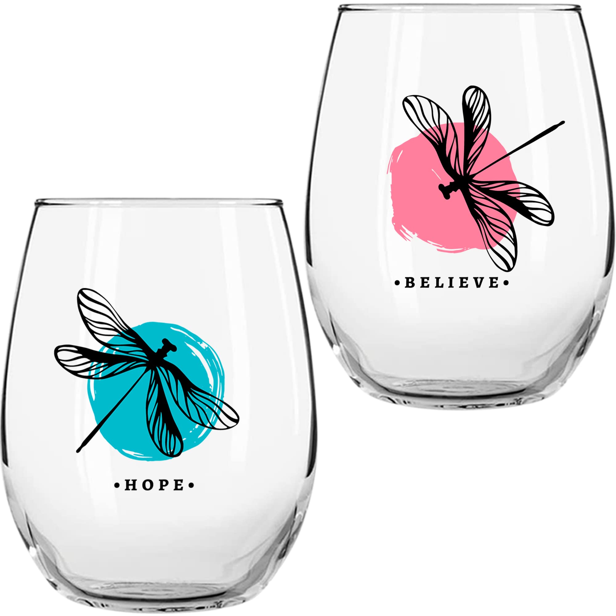 Dragonfly Gifts for Women - Stemless Wine Glass 2 Pc Set - 17 Oz - Spiritual Dragon Fly Gifts Decor for Home or Kitchen - Wine Tumbler Cups for Wine Coffee Tea Dragonflies Drinking Cup Mug Glasses