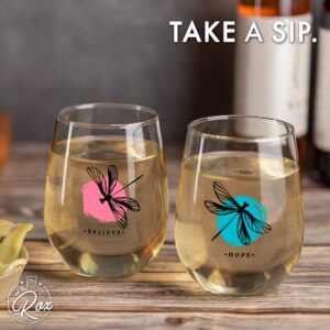 Dragonfly Gifts for Women - Stemless Wine Glass 2 Pc Set - 17 Oz - Spiritual Dragon Fly Gifts Decor for Home or Kitchen - Wine Tumbler Cups for Wine Coffee Tea Dragonflies Drinking Cup Mug Glasses