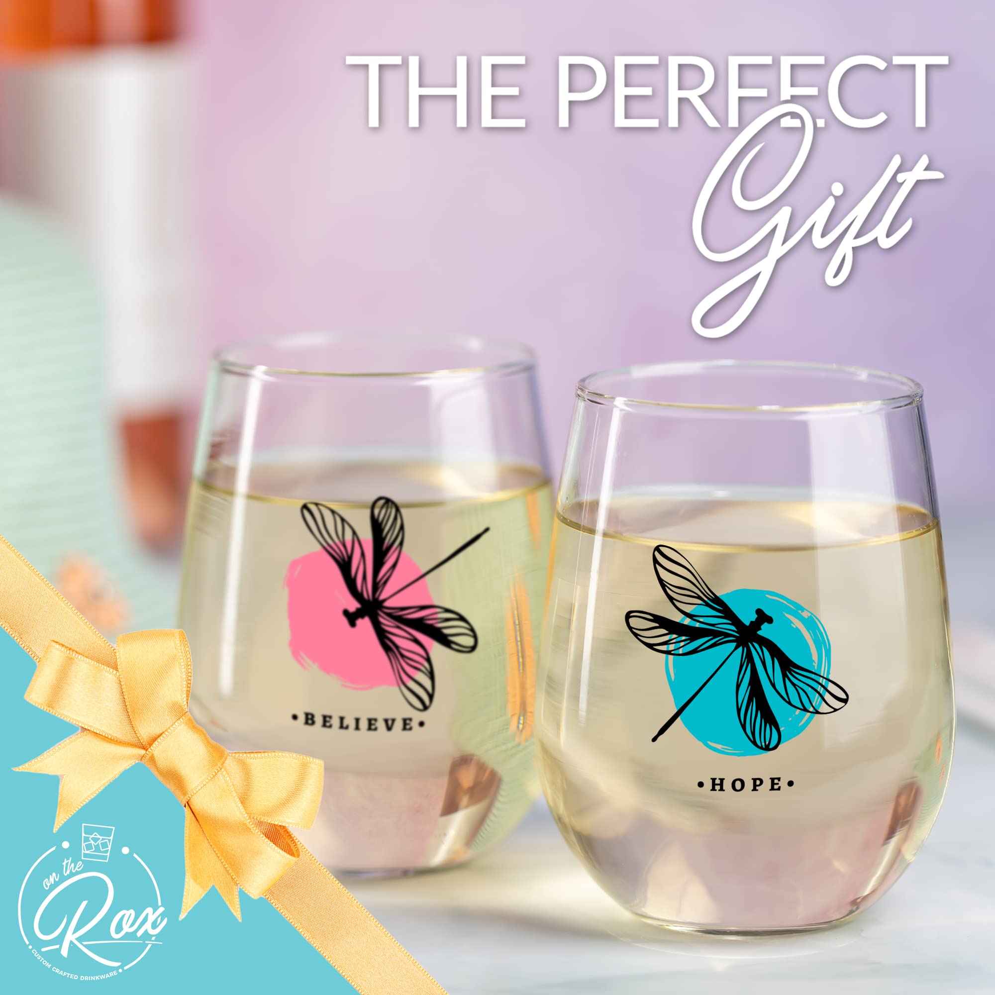 Dragonfly Gifts for Women - Stemless Wine Glass 2 Pc Set - 17 Oz - Spiritual Dragon Fly Gifts Decor for Home or Kitchen - Wine Tumbler Cups for Wine Coffee Tea Dragonflies Drinking Cup Mug Glasses