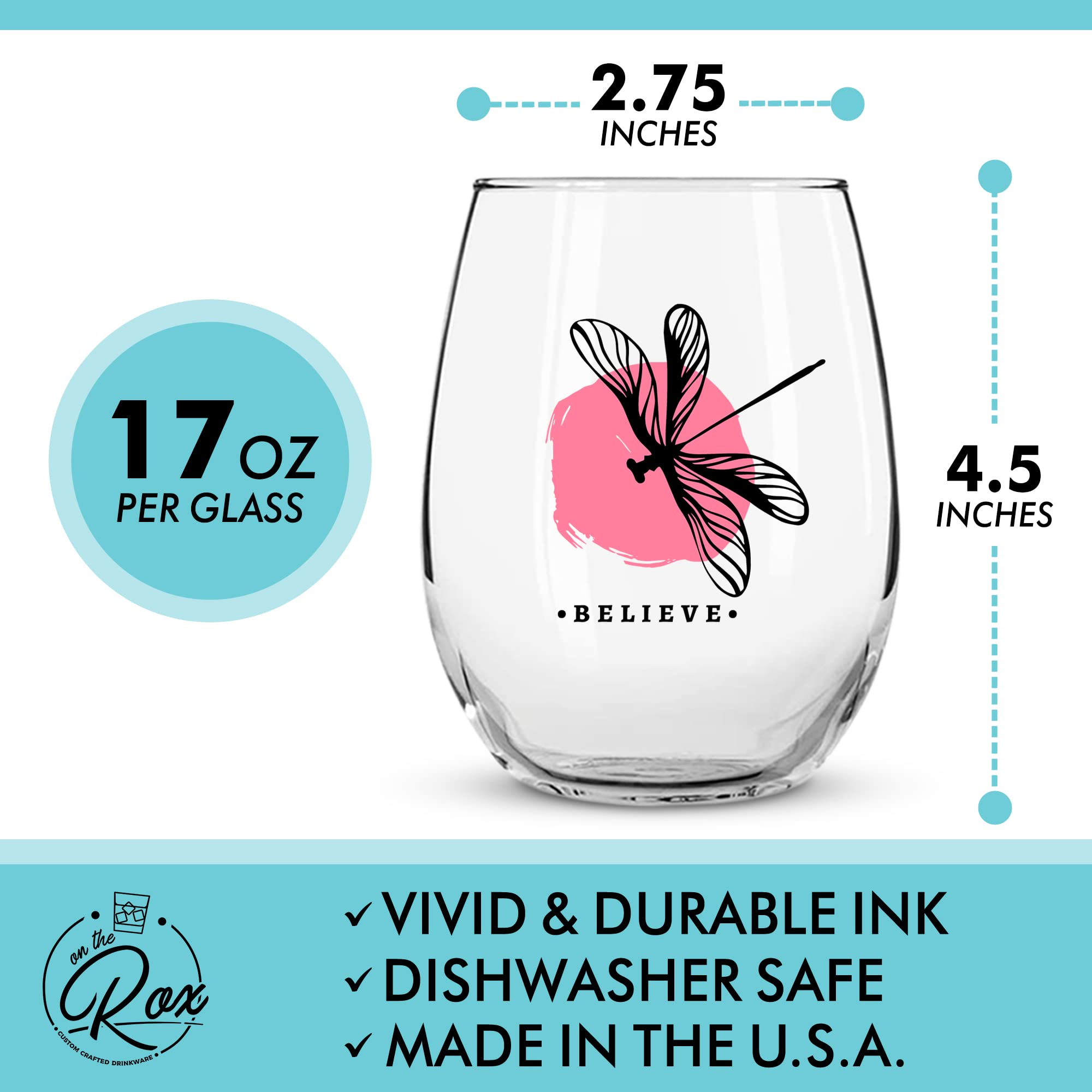 Dragonfly Gifts for Women - Stemless Wine Glass 2 Pc Set - 17 Oz - Spiritual Dragon Fly Gifts Decor for Home or Kitchen - Wine Tumbler Cups for Wine Coffee Tea Dragonflies Drinking Cup Mug Glasses