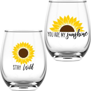 on the rox drinks sunflower wine glasses set of 2 - you are my sunshine - sunflowers gifts for women and kitchen decor accessories - wine tumbler cup glass set - sunflower gift for house - 15 oz