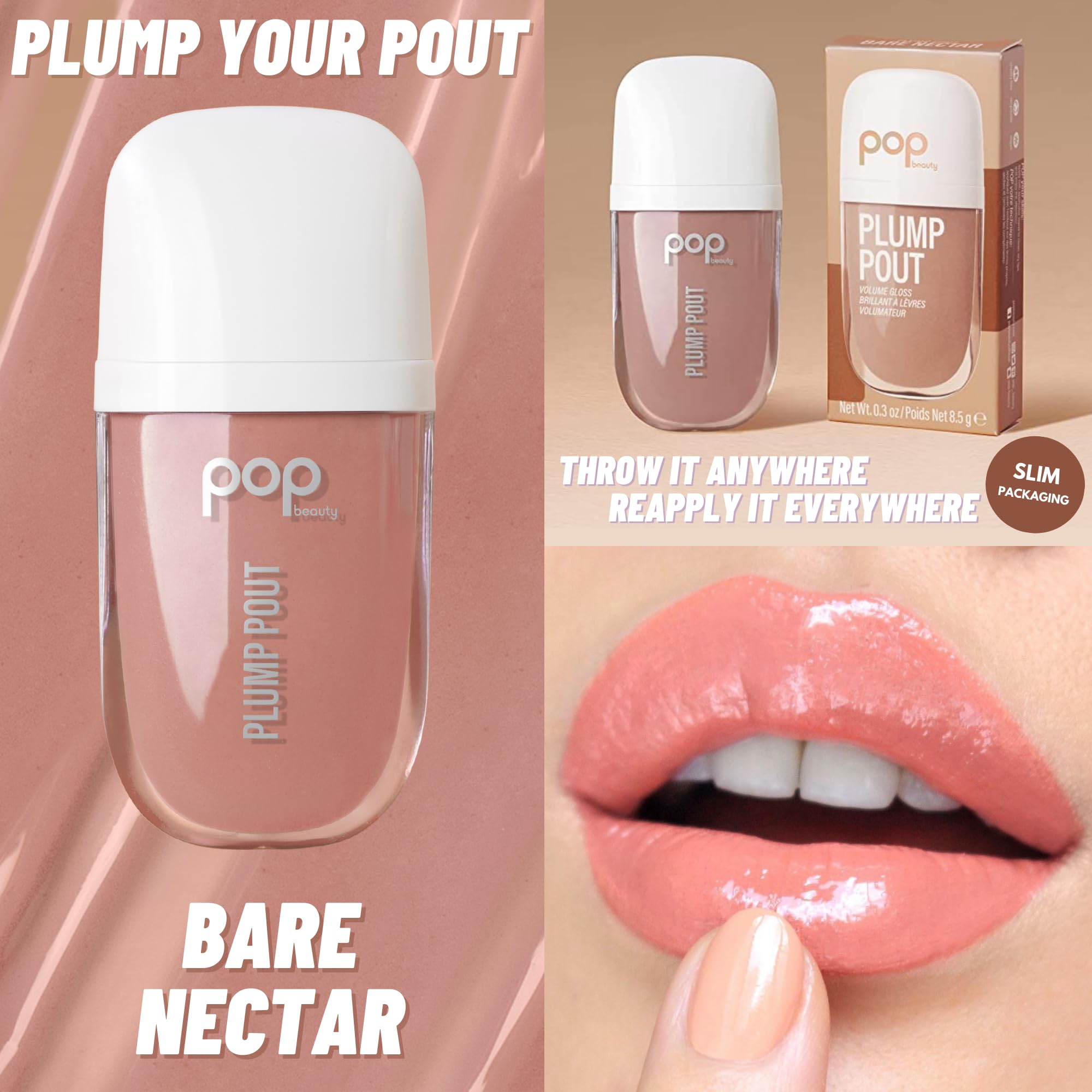 POP Beauty Plump Pout Bare Nectar | Plumping Lip Oil, Hydrating Lip Gloss, Long Lasting Nourishing Lip Glow Oil Non-sticky