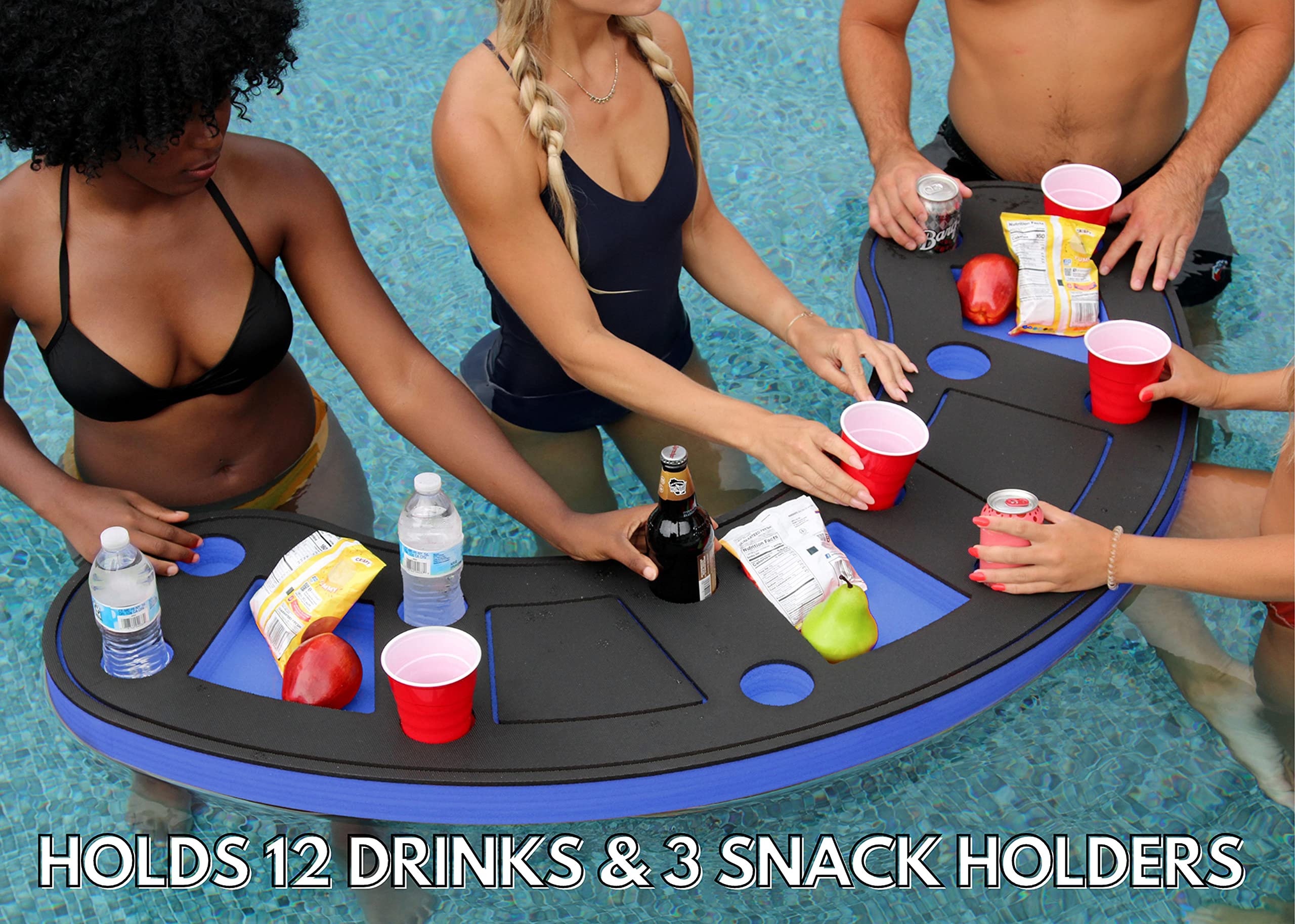 Polar Whale Giant Blue and Black Floating Bar Table Tray Bartender Drink Holder for Pool or Beach Party Float Lounge Refreshment Durable UV Resistant Foam 15 Compartment with Cup Holders 5 Feet Long