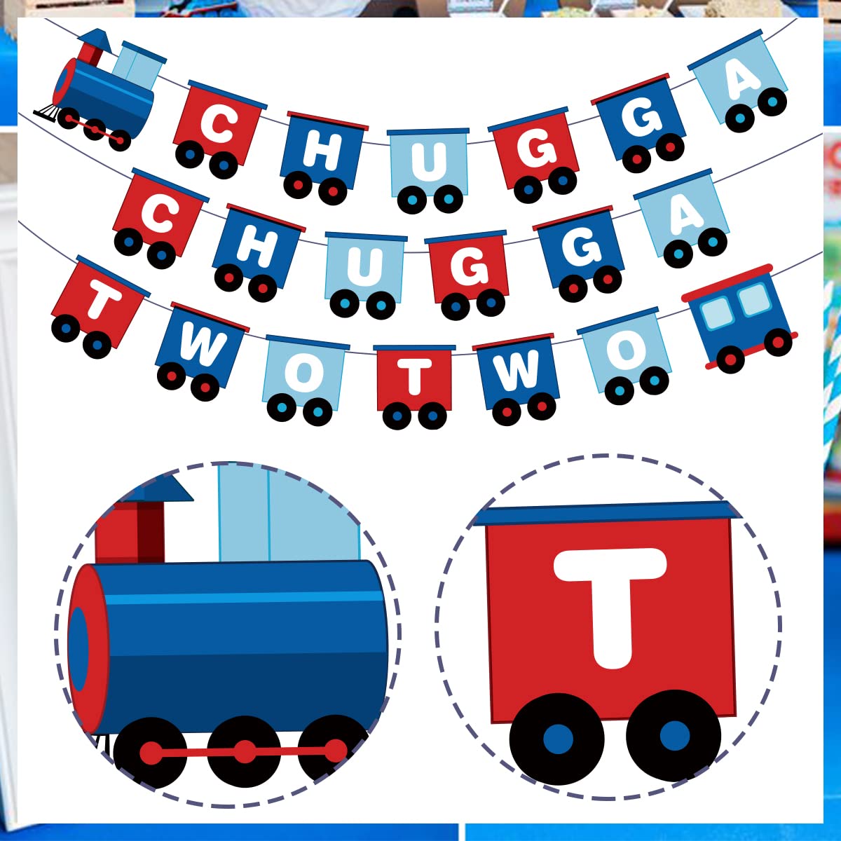 Chugga Chugga Two Two Banner, Train Happy Birthday Garland, Choo Choo Im Two Party Supplies, Railroad Birthday Party Decorations for Boys Train Theme 2nd Party Decor