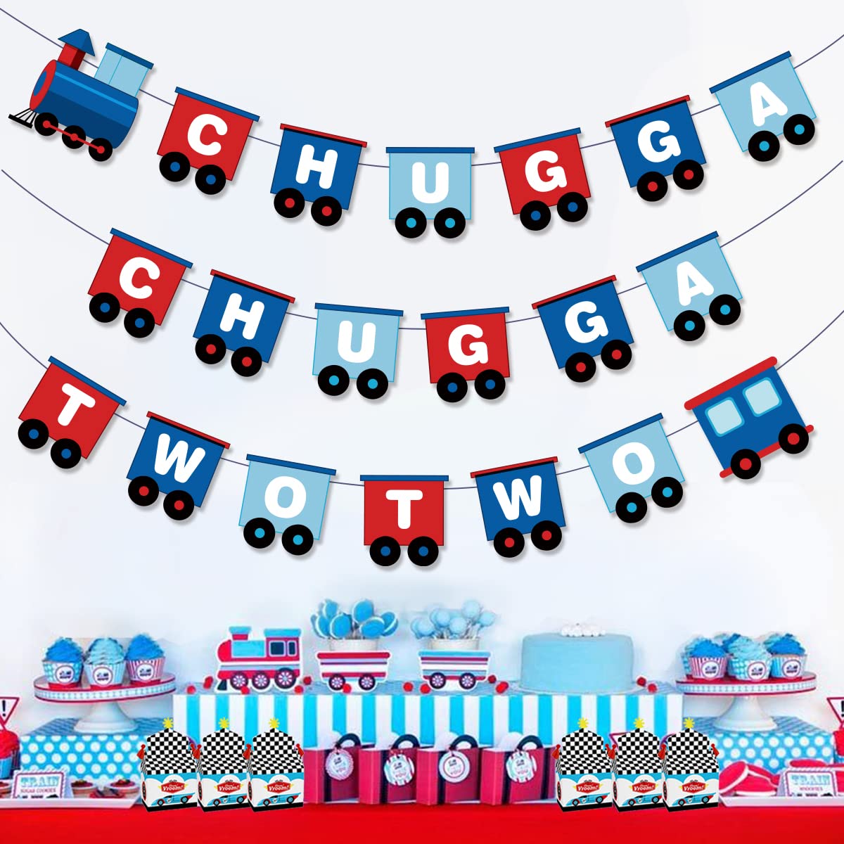 Chugga Chugga Two Two Banner, Train Happy Birthday Garland, Choo Choo Im Two Party Supplies, Railroad Birthday Party Decorations for Boys Train Theme 2nd Party Decor