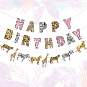 safari birthday decorations jungle theme party supplies for girl - pink cheetah happy birthday banner, animal print garland, jungle safari animal leopard party sign