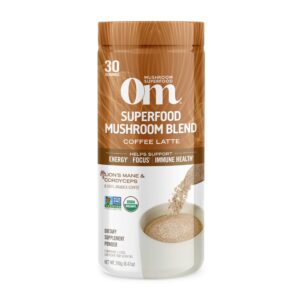 om mushroom superfood coffee latte blend mushroom powder, 8.47 ounce canister, 30 servings, lion's mane, cordyceps, reishi, chaga, energy & mental clarity support supplement