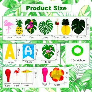 Tropical Luau Party Decoration Pack Hawaiian Beach Theme Party Flamingo Pineapple Décors Multi Scene Luau Party Supplies (135pcs) Happy Birthday & Aloha Felt Banner Table Skirt Disposable Tablecloth