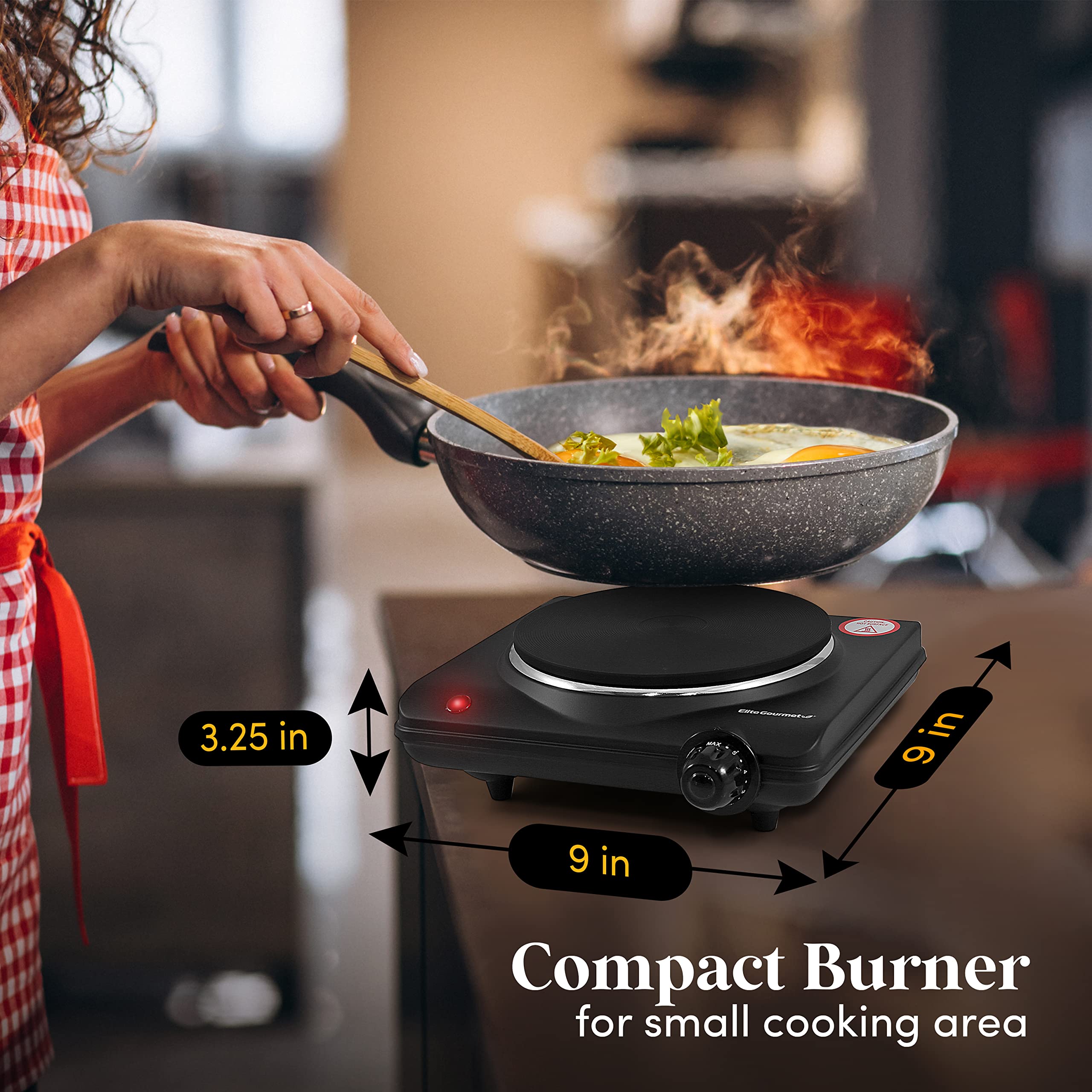 Elite Gourmet ESB-301BF# Countertop Single Cast Iron Burner, 1000 Watts Electric Hot Plate, Temperature Controls, Power Indicator Lights, Easy to Clean, Black
