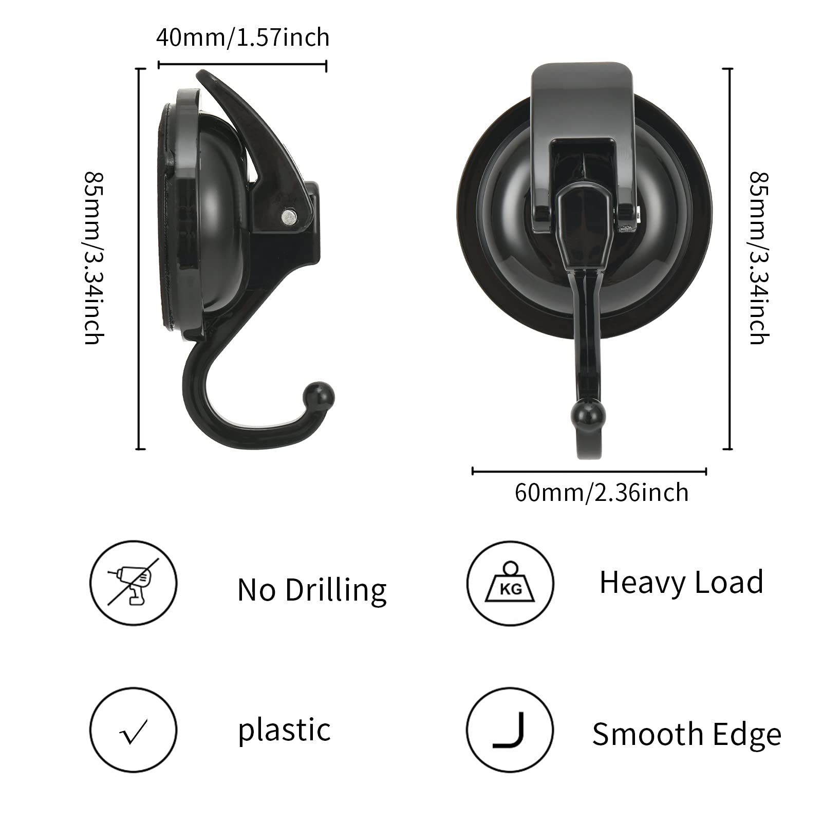 Khdrvok Heavy Duty Vacuum Wreath Cup Hook, Easy to Install and Remove, No Hole Punched,Black- Plated Plished Super Suction for Kitchen，Bathroom and Restroom,2Pack