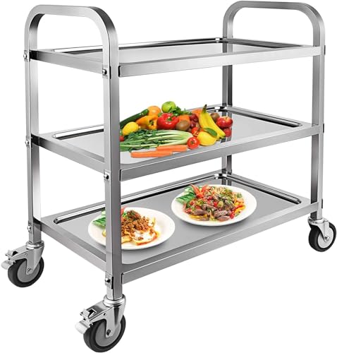 Marada 3 Tier Stainless Steel Utility Cart with Locking Wheels Shelf Kitchen Cart Trolley 37'' L x 19'' W x 37''H Utility Rolling Serving Catering Storage for Kitchen Restaurant Hotels