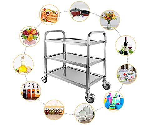 Marada 3 Tier Stainless Steel Utility Cart with Locking Wheels Shelf Kitchen Cart Trolley 37'' L x 19'' W x 37''H Utility Rolling Serving Catering Storage for Kitchen Restaurant Hotels