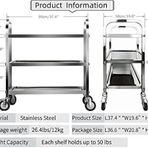 Marada 3 Tier Stainless Steel Utility Cart with Locking Wheels Shelf Kitchen Cart Trolley 37'' L x 19'' W x 37''H Utility Rolling Serving Catering Storage for Kitchen Restaurant Hotels