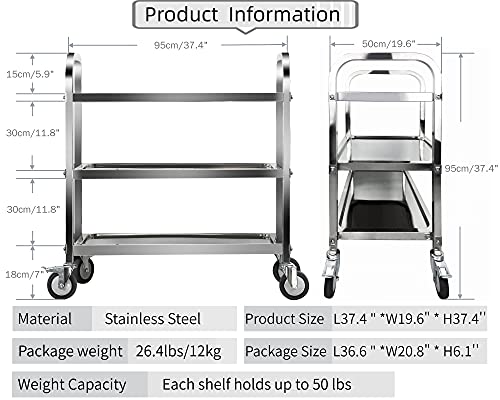 Marada 3 Tier Stainless Steel Utility Cart with Locking Wheels Shelf Kitchen Cart Trolley 37'' L x 19'' W x 37''H Utility Rolling Serving Catering Storage for Kitchen Restaurant Hotels