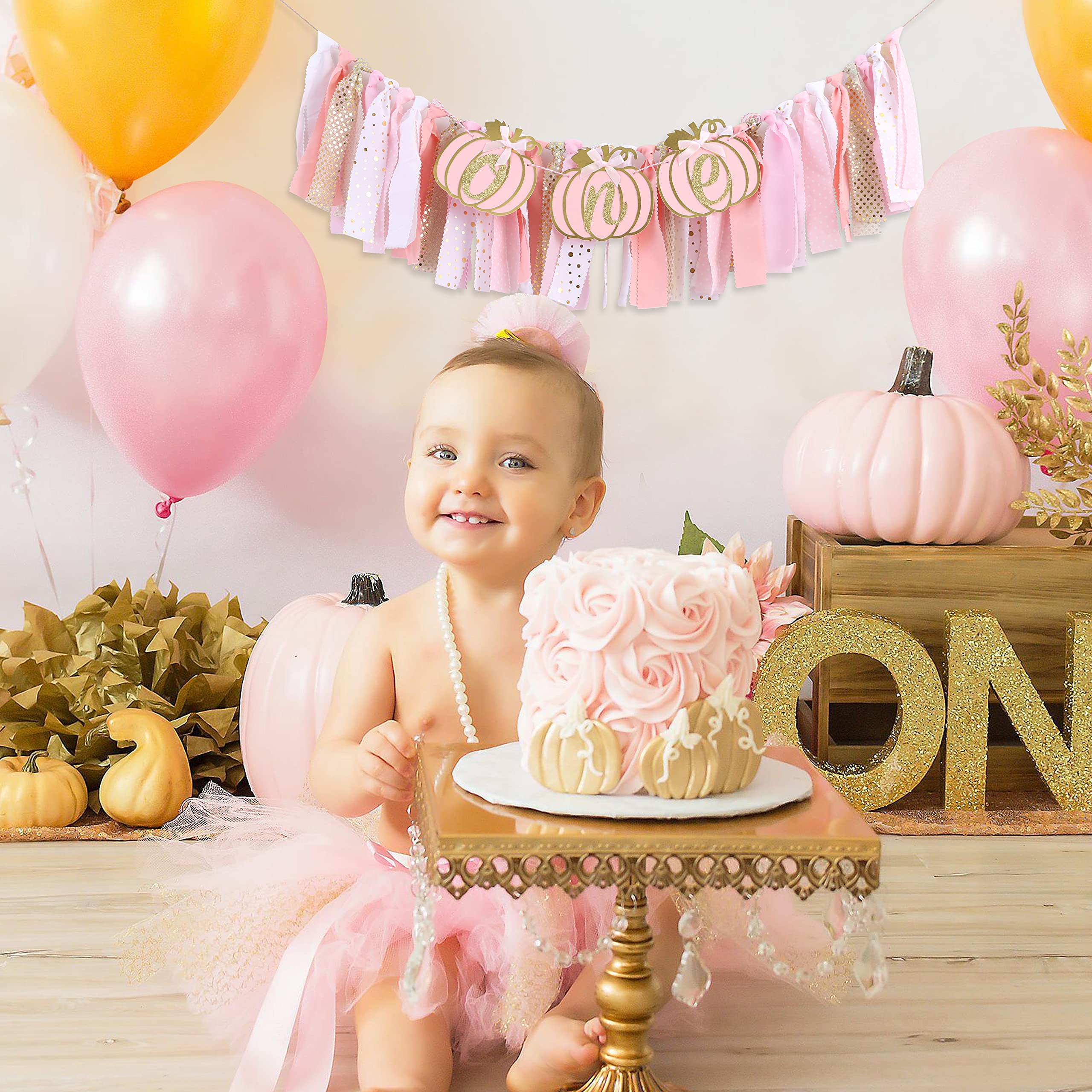 Pumpkin Highchair Banner for 1st Birthday - Our Little Pumpkin Banner, Pumpkin Birthday Party Decorations, Pink Gold First Birthday Banner, Baby Shower Decorations for Baby Girl