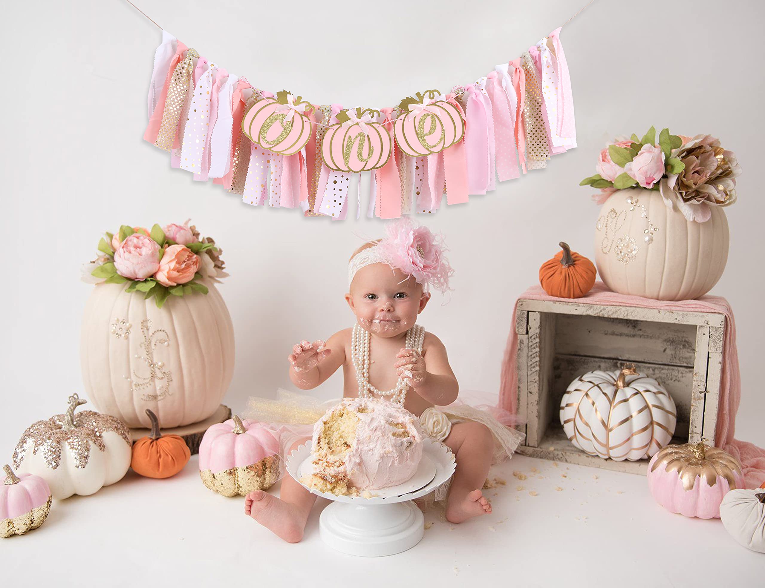 Pumpkin Highchair Banner for 1st Birthday - Our Little Pumpkin Banner, Pumpkin Birthday Party Decorations, Pink Gold First Birthday Banner, Baby Shower Decorations for Baby Girl