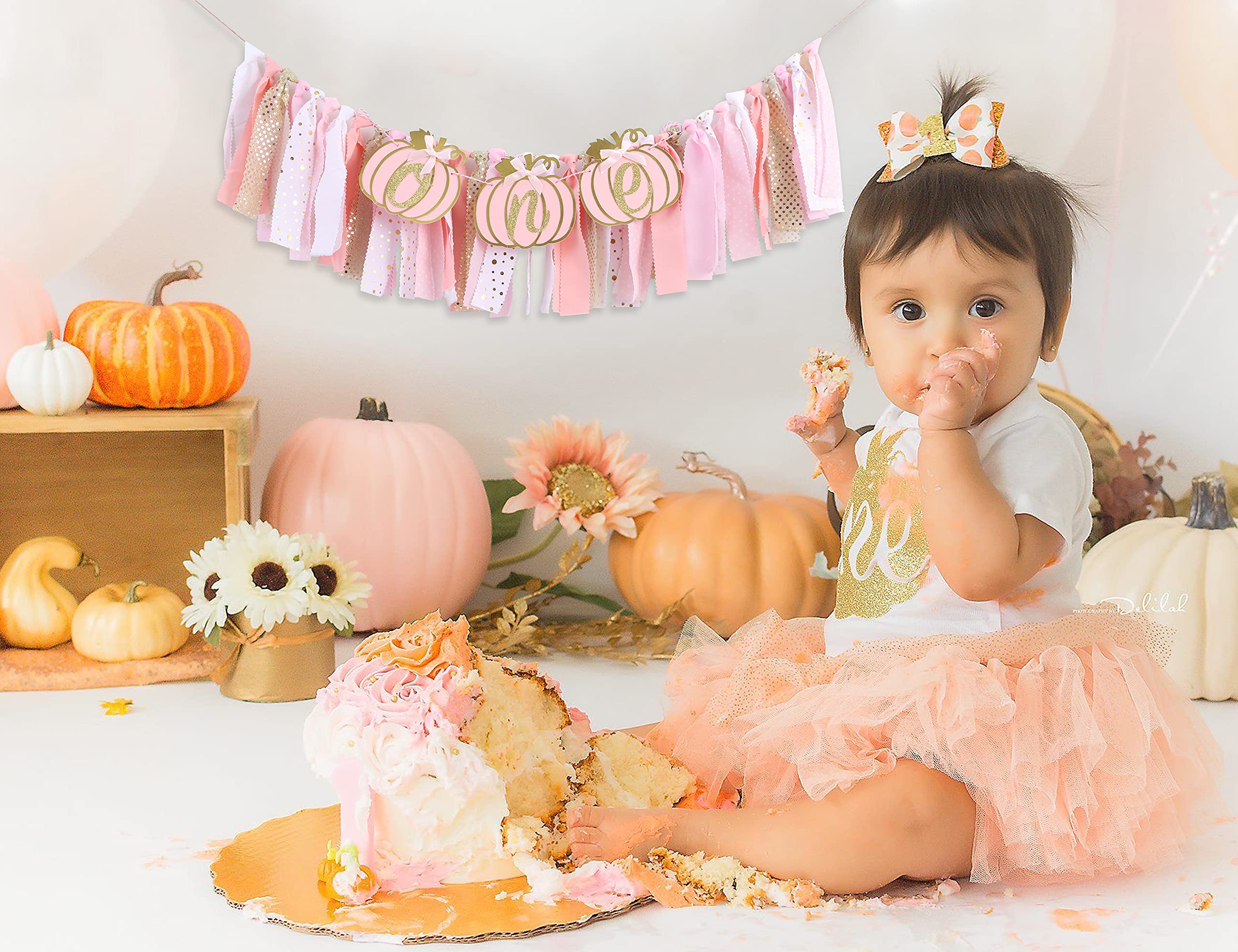 Pumpkin Highchair Banner for 1st Birthday - Our Little Pumpkin Banner, Pumpkin Birthday Party Decorations, Pink Gold First Birthday Banner, Baby Shower Decorations for Baby Girl