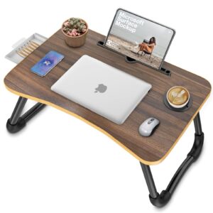 Zapuno Foldable Laptop Bed Table Multi-Function Lap Bed Tray Table with Storage Drawer and Water Bottle Holder, Serving Tray Dining Table with Slot for Eating, Working on Bed/Couch/Sofa