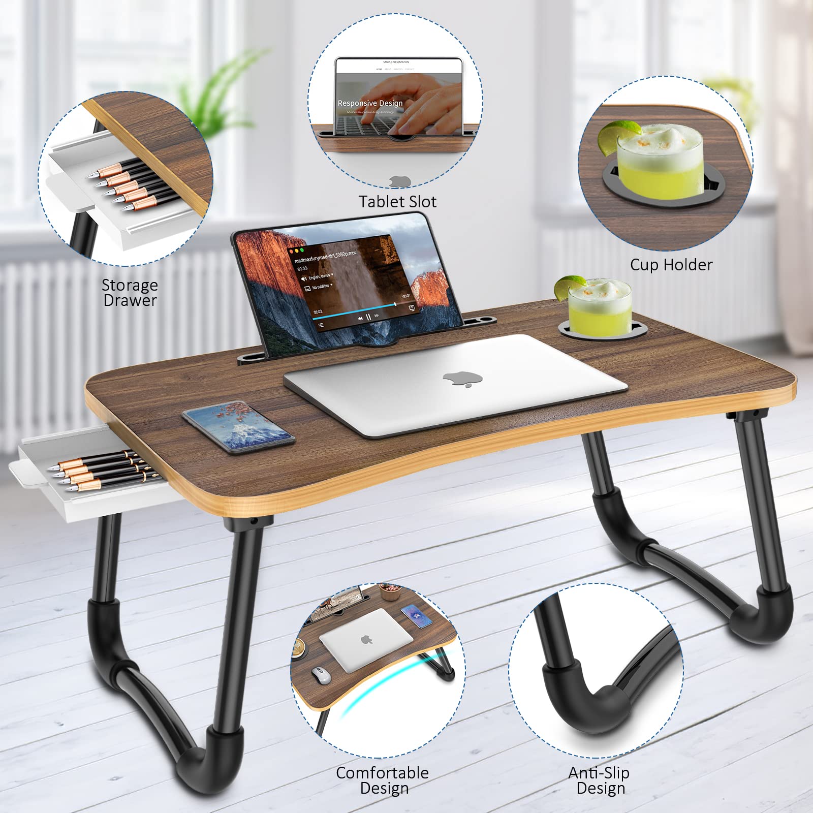 Zapuno Foldable Laptop Bed Table Multi-Function Lap Bed Tray Table with Storage Drawer and Water Bottle Holder, Serving Tray Dining Table with Slot for Eating, Working on Bed/Couch/Sofa