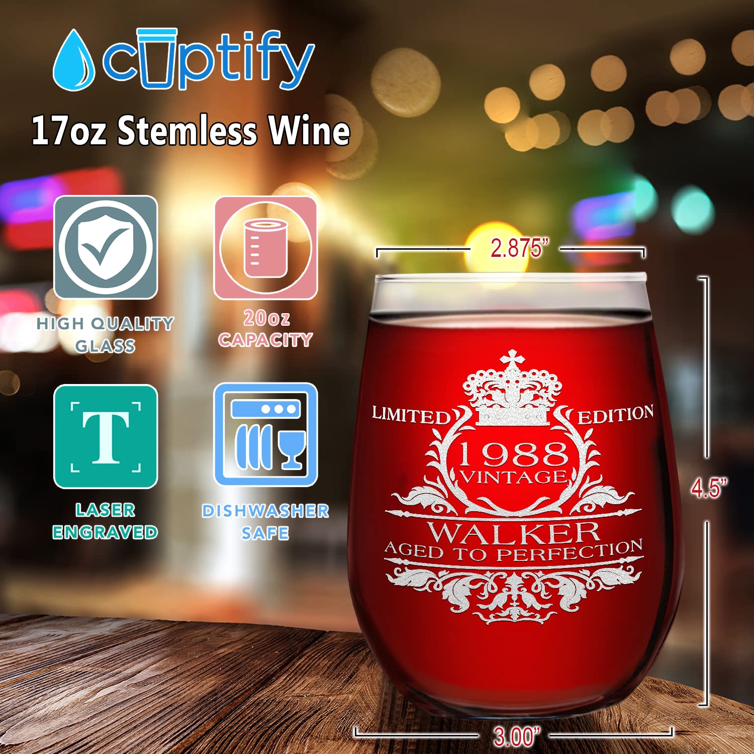 Cuptify Personalized 35th Birthday Gifts for Women 1988 Vintage Edition 17 oz Stemless Wine Glass 35 Year Old Birthday Anniversary Presents Party Decorations for Mom
