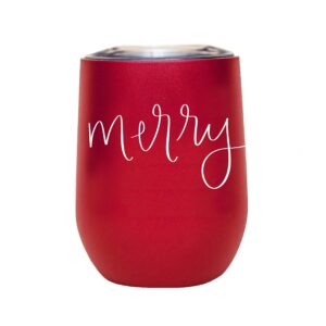 sweet water decor merry metal wine tumbler | 12oz stainless steel insulated stemless wine cup with lid | cute wine glass with funny sayings for women, christmas, holiday, winter, xmas