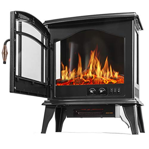 Barton 1500W Electric Fireplace Stove Heater Infrared Quartz 3D-Flame Log Stove Firebox, Black