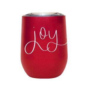 sweet water decor joy metal wine tumbler | 12oz stainless steel insulated stemless wine cup with lid | cute wine glass with funny sayings for women, christmas, holiday, winter, xmas