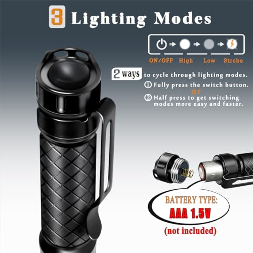 Mini Flashlight 3 Modes Small Flashlights LED Powerful High Lumens Tactical Pen Light with Clip,Slim Portable Pocket Compact Torch for Emergency Inspection AAA Battery Water-Resistant (3.4 & 5.2 inch)