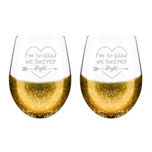2 pieces pack valentines day gifts for fiancée fiancé, i'm so glad we swiped right hand etched stemless glitter gold wine glass