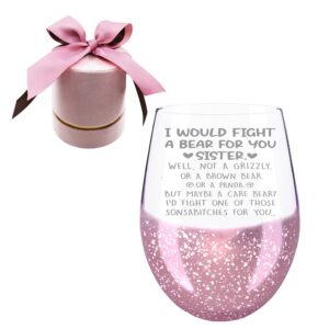 mothers day gifts for sister, i would fight a bear for you a care bear stemless pink wine glass