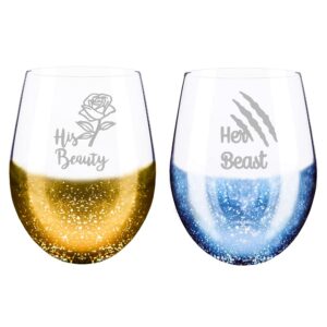 valentines day gifts for husband from wife, his beauty her beast hand etched stemless glitter wine glass idea gift for couple