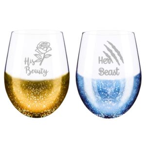 Valentines Day Gifts for Husband from Wife, His Beauty Her Beast Hand Etched Stemless Glitter Wine Glass Idea Gift for Couple