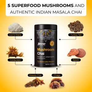 Inner Elevate Mushroom Chai - Ultimate Coffee Alternative - Adaptogenic Mushroom Tea Drink with Lion's Mane, Cordyceps, Chaga, Reishi, Turkey Tail (30 Servings)