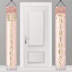 13th birthday decorations door banner for girls, pink rose gold 13 teenager happy birthday sign party supplies, sweet thirteen year old birthday backdrop porch décor