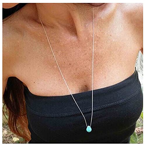 Yheakne Boho Long Turquoise Necklace Silver Teardrop Turquoise Necklace Blue Turquoise Pendant Necklace Vintage Long Pendant Chain Necklaces Jewelry for Women and Girls