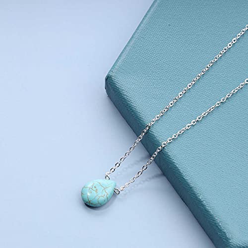 Yheakne Boho Long Turquoise Necklace Silver Teardrop Turquoise Necklace Blue Turquoise Pendant Necklace Vintage Long Pendant Chain Necklaces Jewelry for Women and Girls
