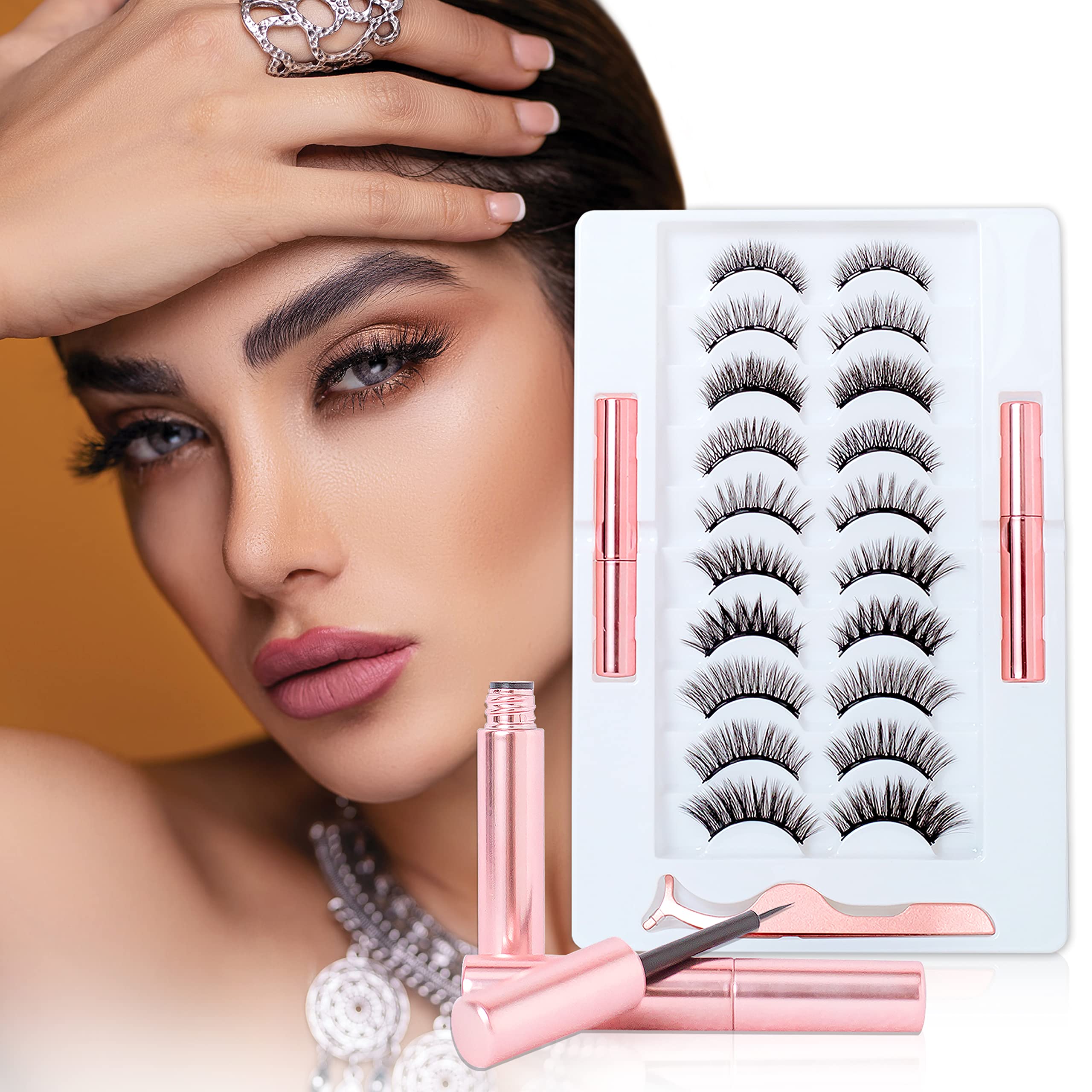 Magnetic Eyelashes with Tweezers and Waterproof Eyeliner, Reusable 3D Magnetic Eyelashes, Natural Look Magnetic Lashes Kit with 5 Styles Dramatic Long Eyelashes Faux Mink Lashes, No Glue (10 Pairs)